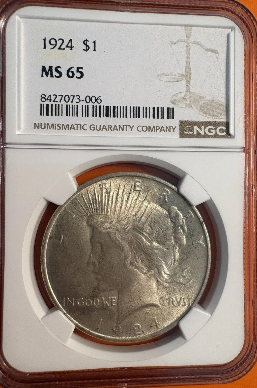 1924 Peace Silver Dollar NGC MS 65, Toned