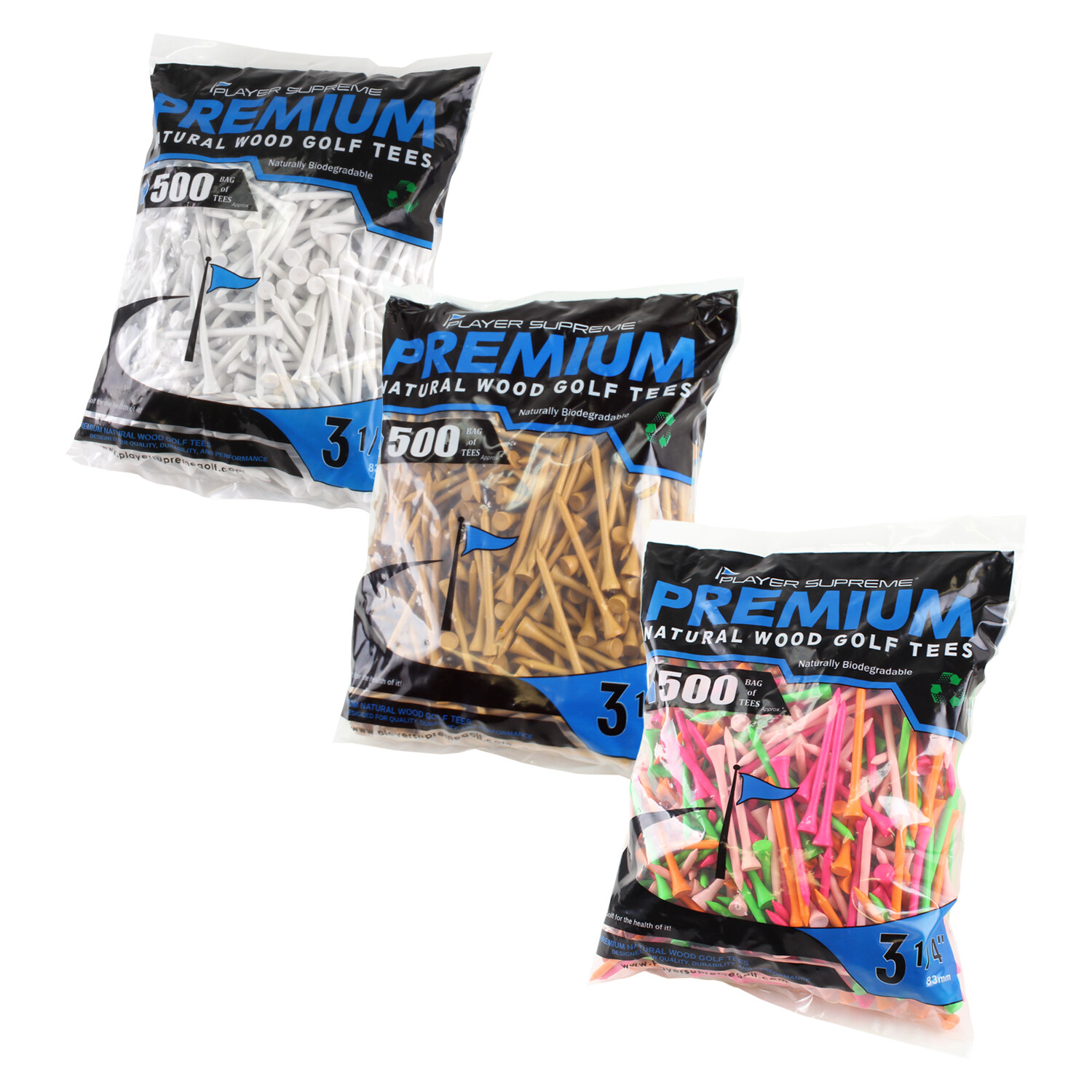 500 - 3 1/4" Premium Golf Tees by JP Lann (various colors)