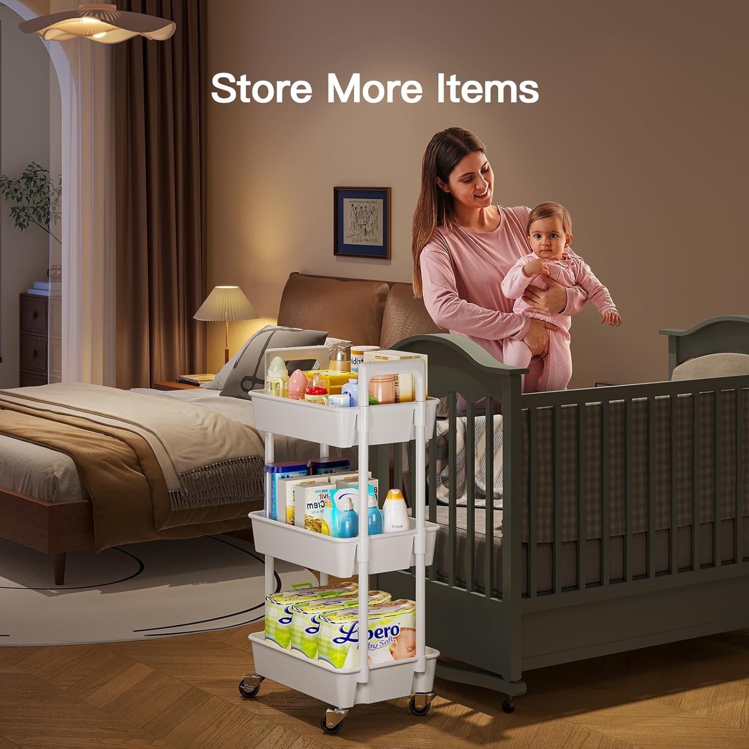3 Tier Rolling Cart Organizer, Plastic Rolling Cart with Lockable Wheels & Re...