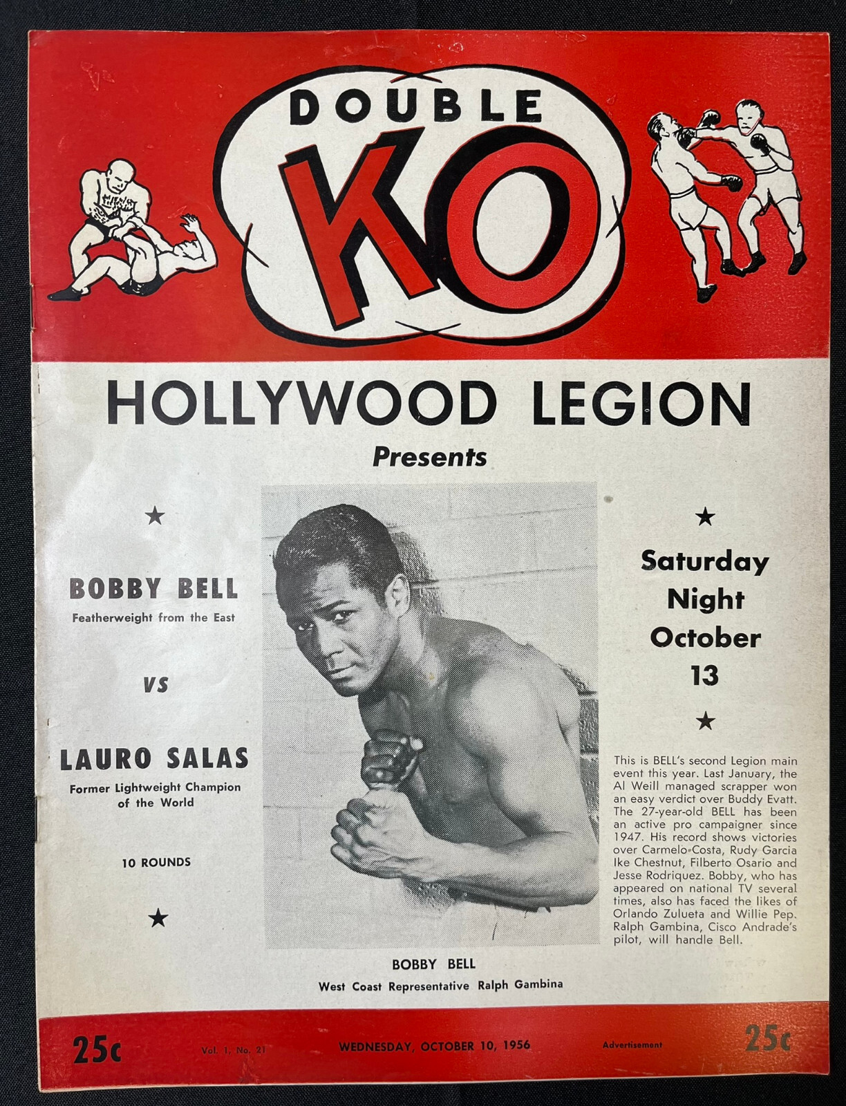 1956 BOBBY BELL vs LAURO SALAS Double KO Boxing Program HOLLYWOOD LEGION