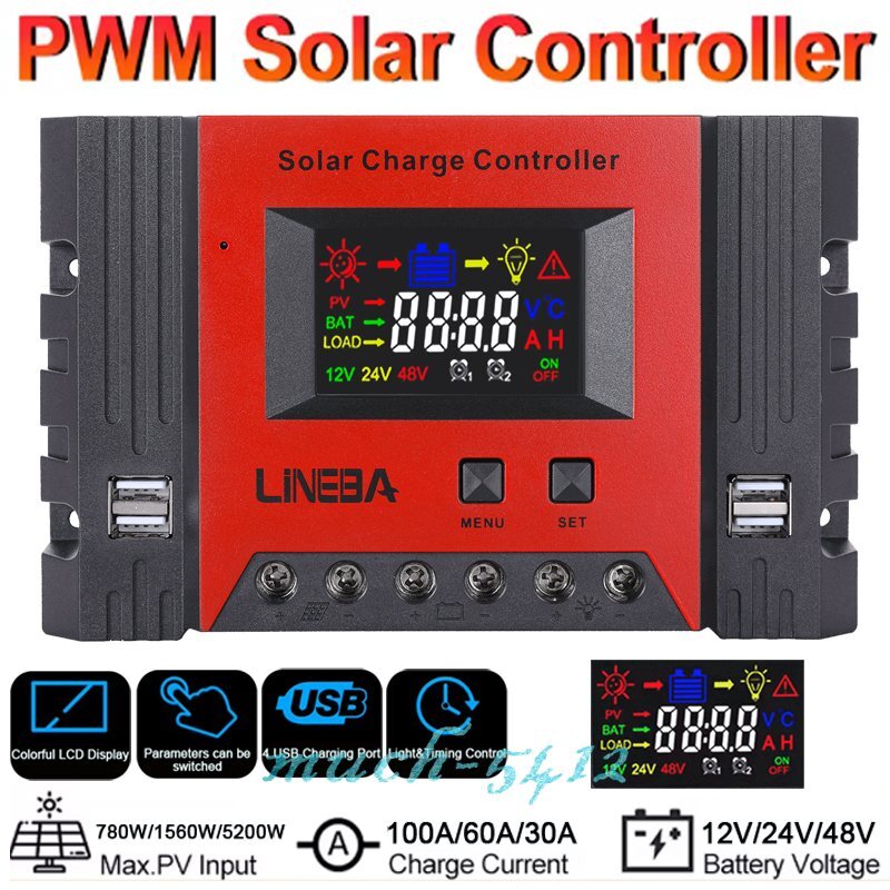 12V/24V/48V PWM Solar Panel Battery Charge Controller 100A/60A/30A PV Regulator