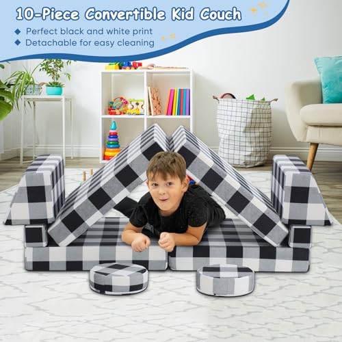 10 Pc Black & White Kids Couch, Buffalo Check Toddler Sofa, Black and White