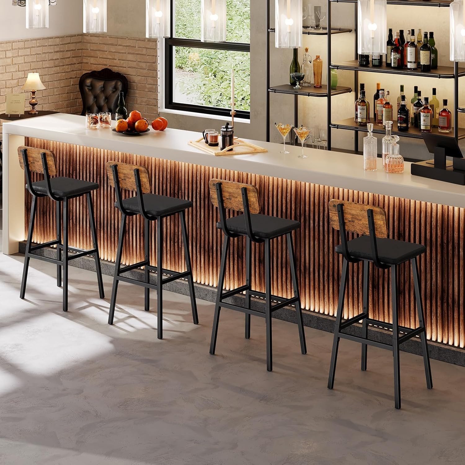 Black Bar Stools Set of 2 PU Upholstered Tall Bar Stools Kitchen Breakfast