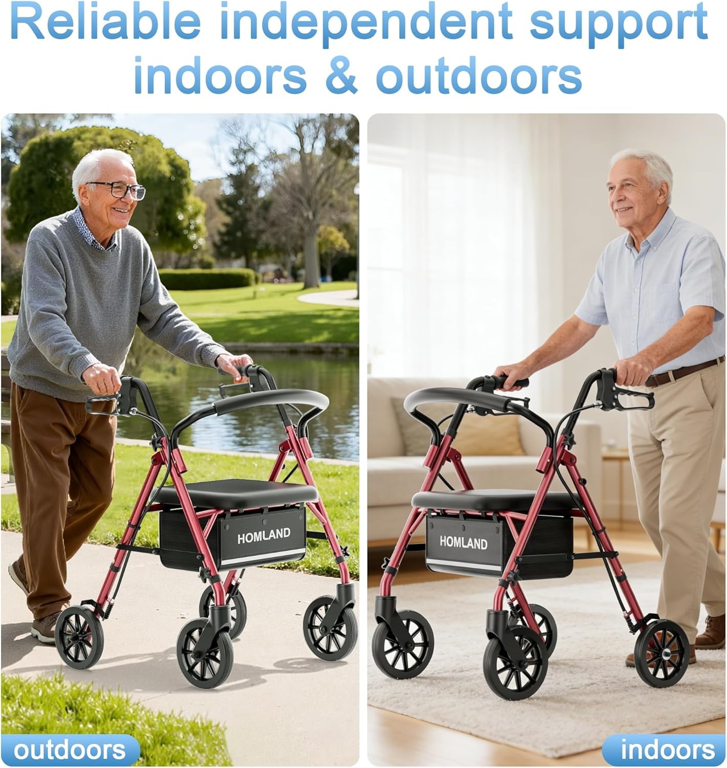Lightweight Rollator Walker with Seat 4 Wheels Adjustable Height 300lbs Red