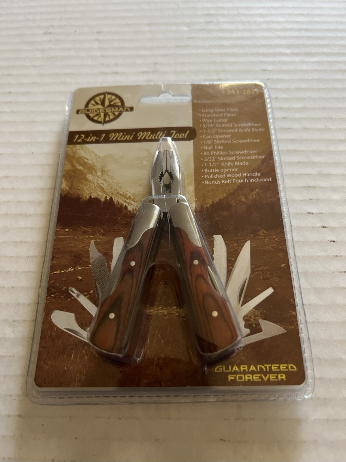 Sealed Guidesman 12 In 1 Mini Multitool With Black Sheath  Walnut Handle