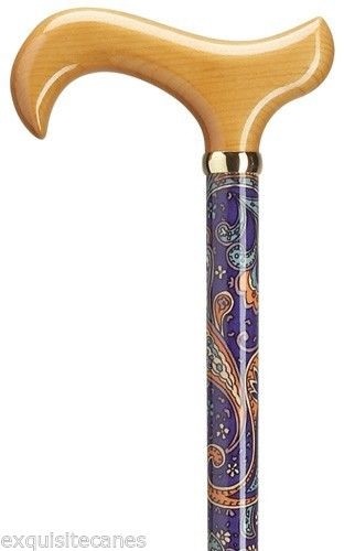 LADIES ROYAL PAISLEY WOODEN DERBY HANDLE MAPLE WOOD WALKING CANE SUP. 250 LBS