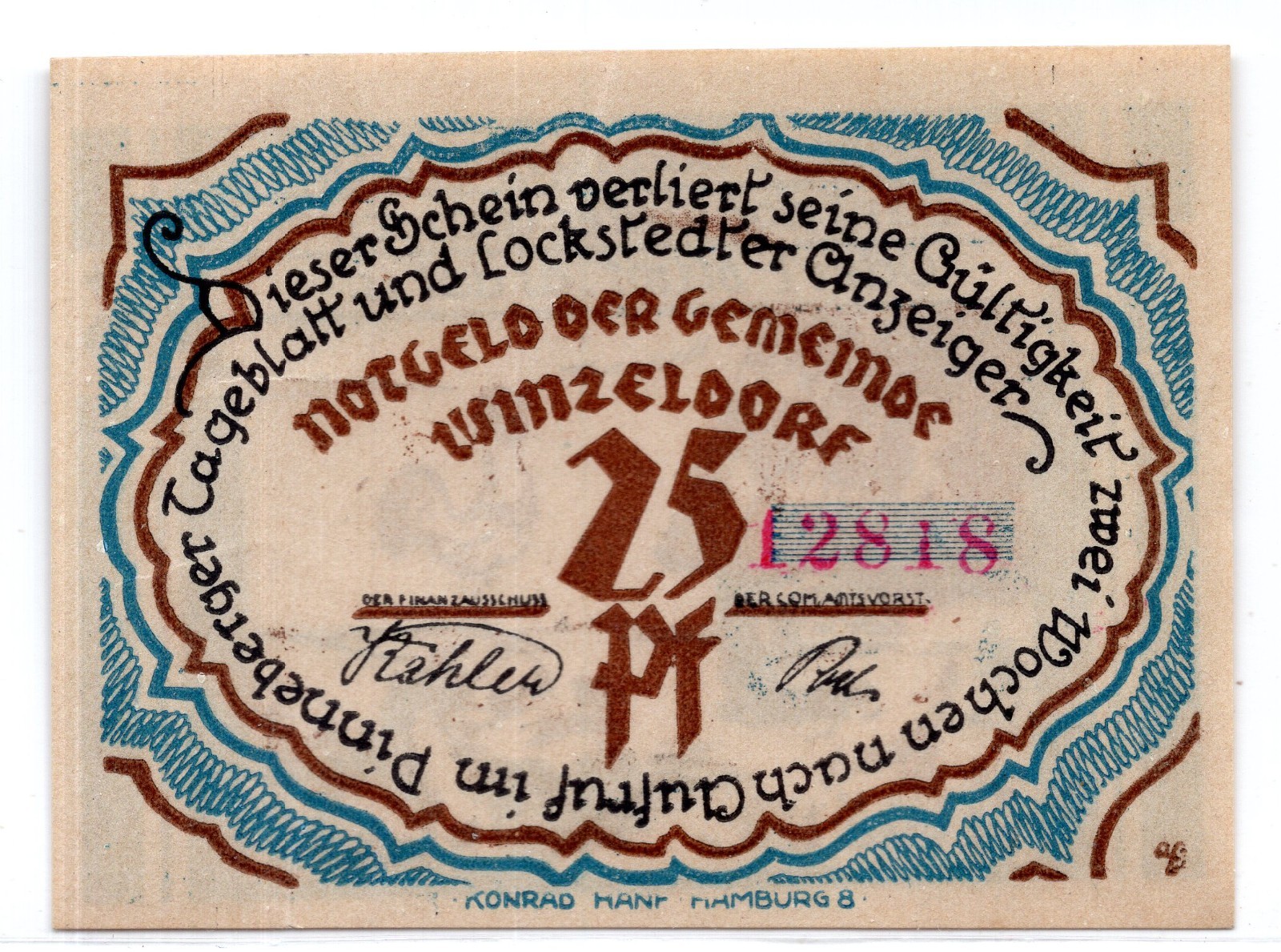 1921 Germany Winzeldorf Notgeld 25 Pfennig Note (3737)