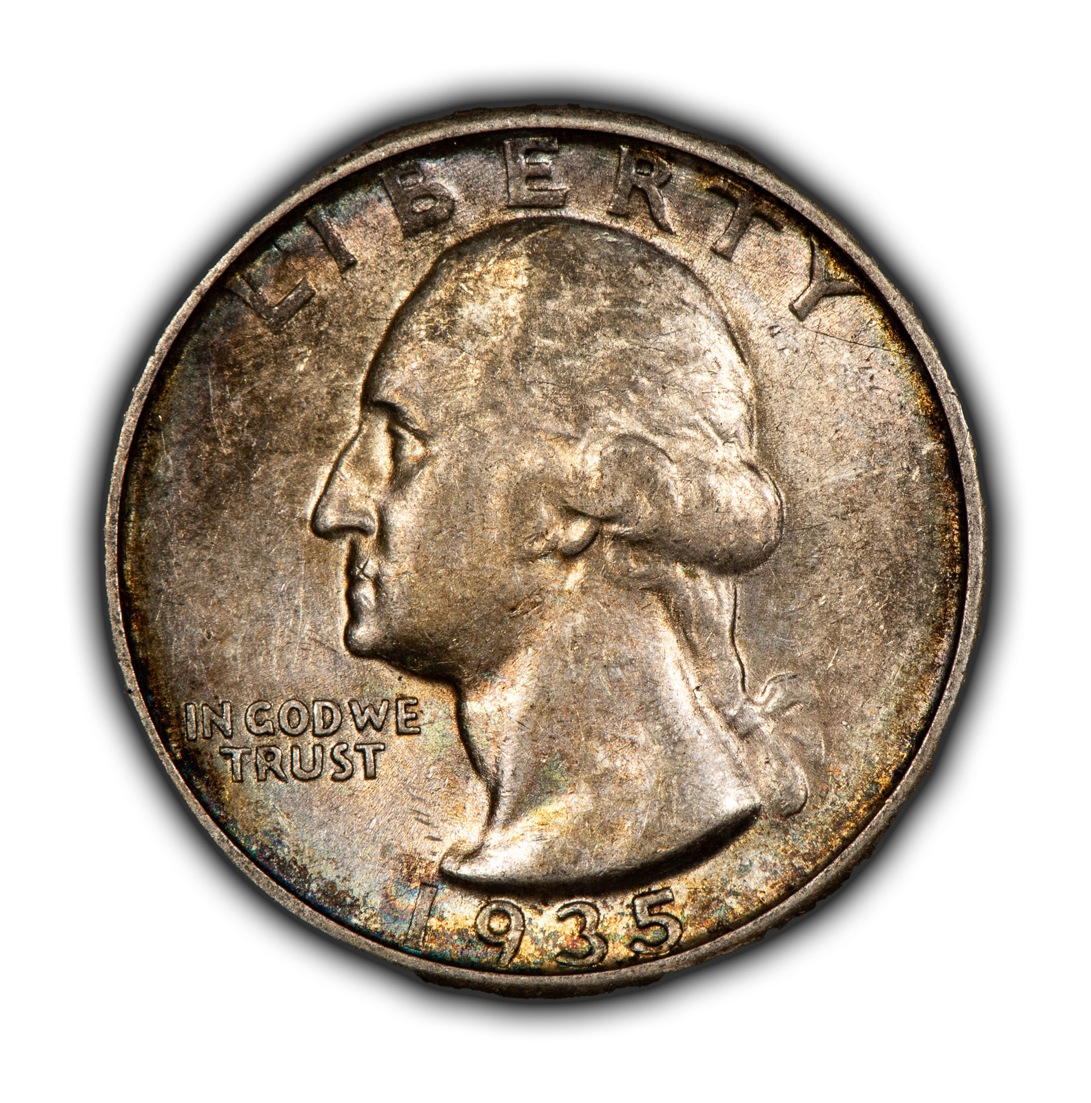 1935 25c Silver Washington Quarter - Luster - Subtle Rainbow Toning - SKU-Z4466