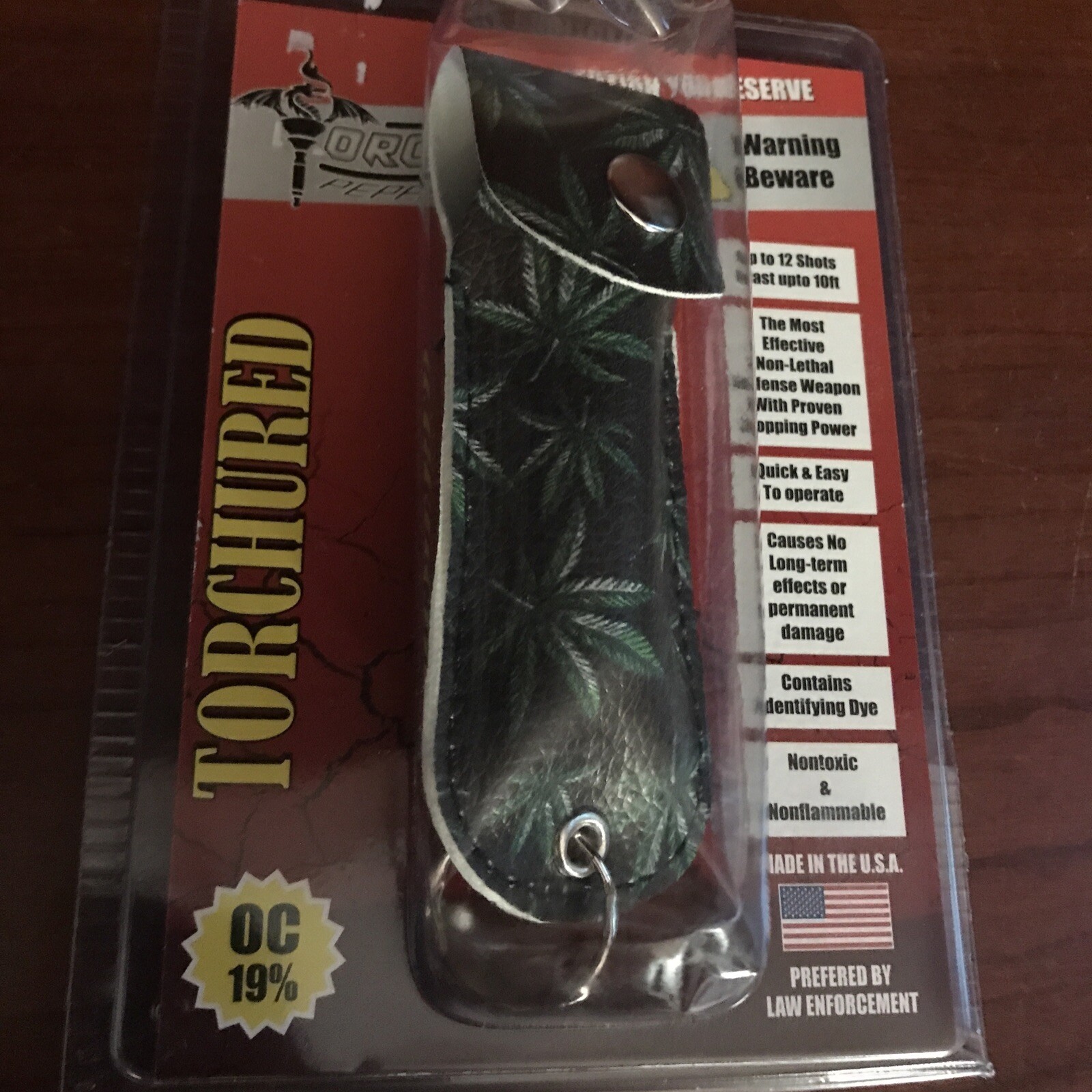 Torchured Pepper Spray Max  Strength w/ Case and Keychain Black Green Leaves