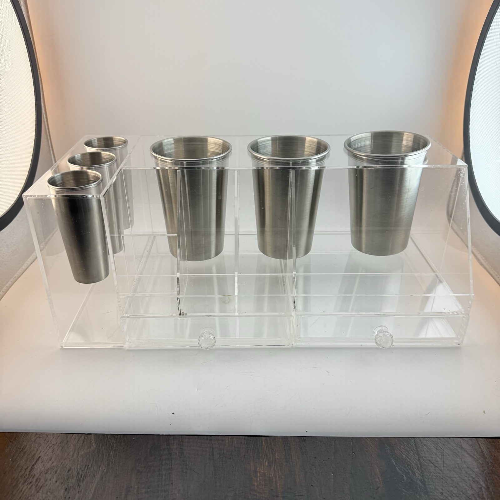 Bartenders Caddy  Plexiglass 6 Stainless Steal Cups Napkin Drawers