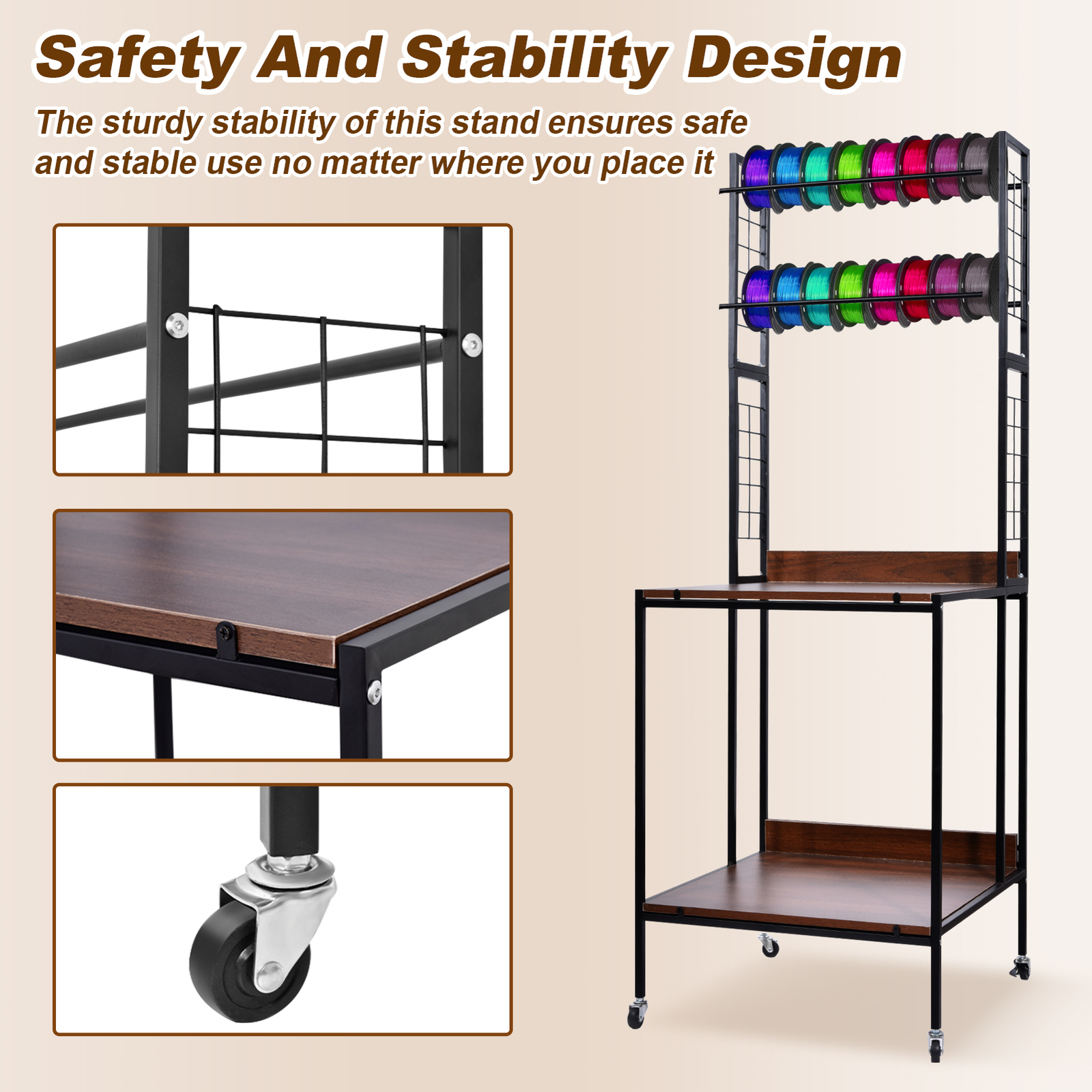 Mobile 3D Printer Stand Double Layer Filament Storage Rack+Wheel