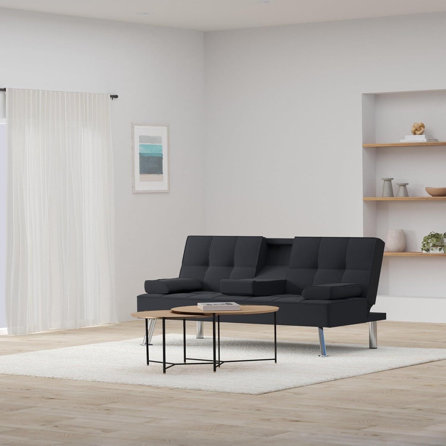 Linen Modern Folding Futon, Reclining Sofa Bed for Apartment Removable Armrests