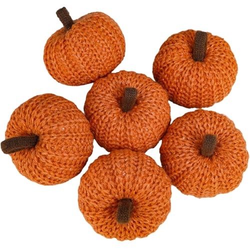 Set of 6 Faux Fall Crochet Pumpkins - Small Knit Foam Pumpkins for Orange