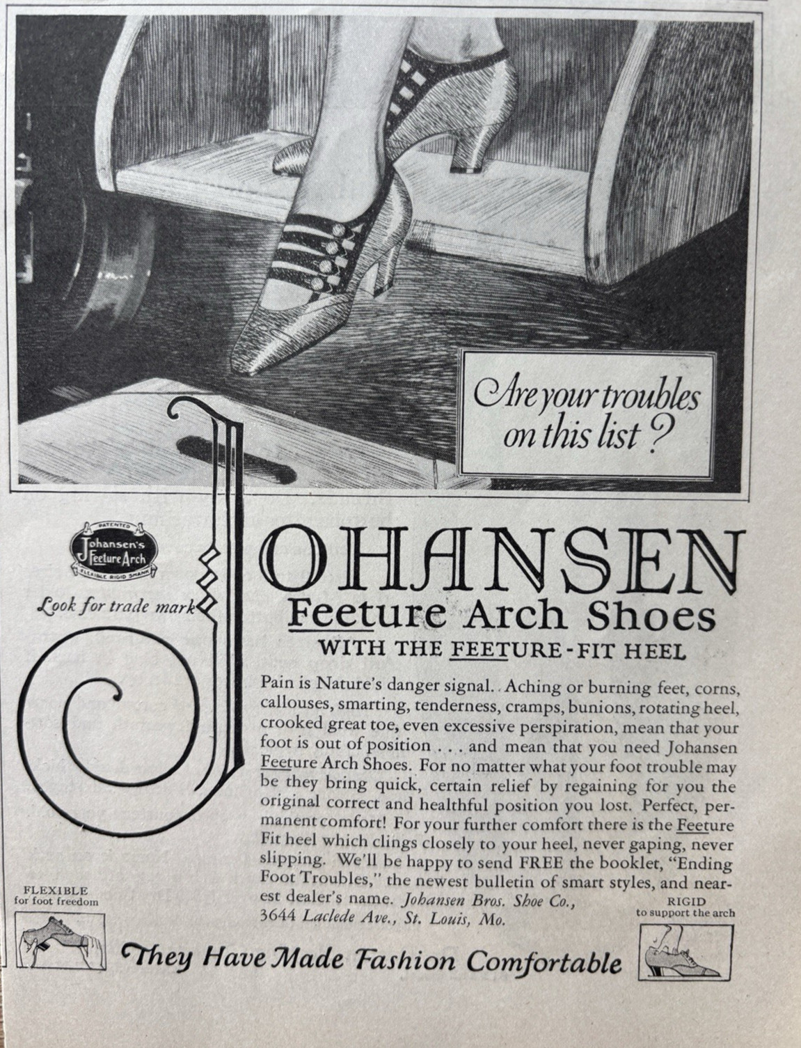 1924 Johansen Shoes Feeture Arch Fit Heel Fashion St Louis Comfort VTG Print Ad