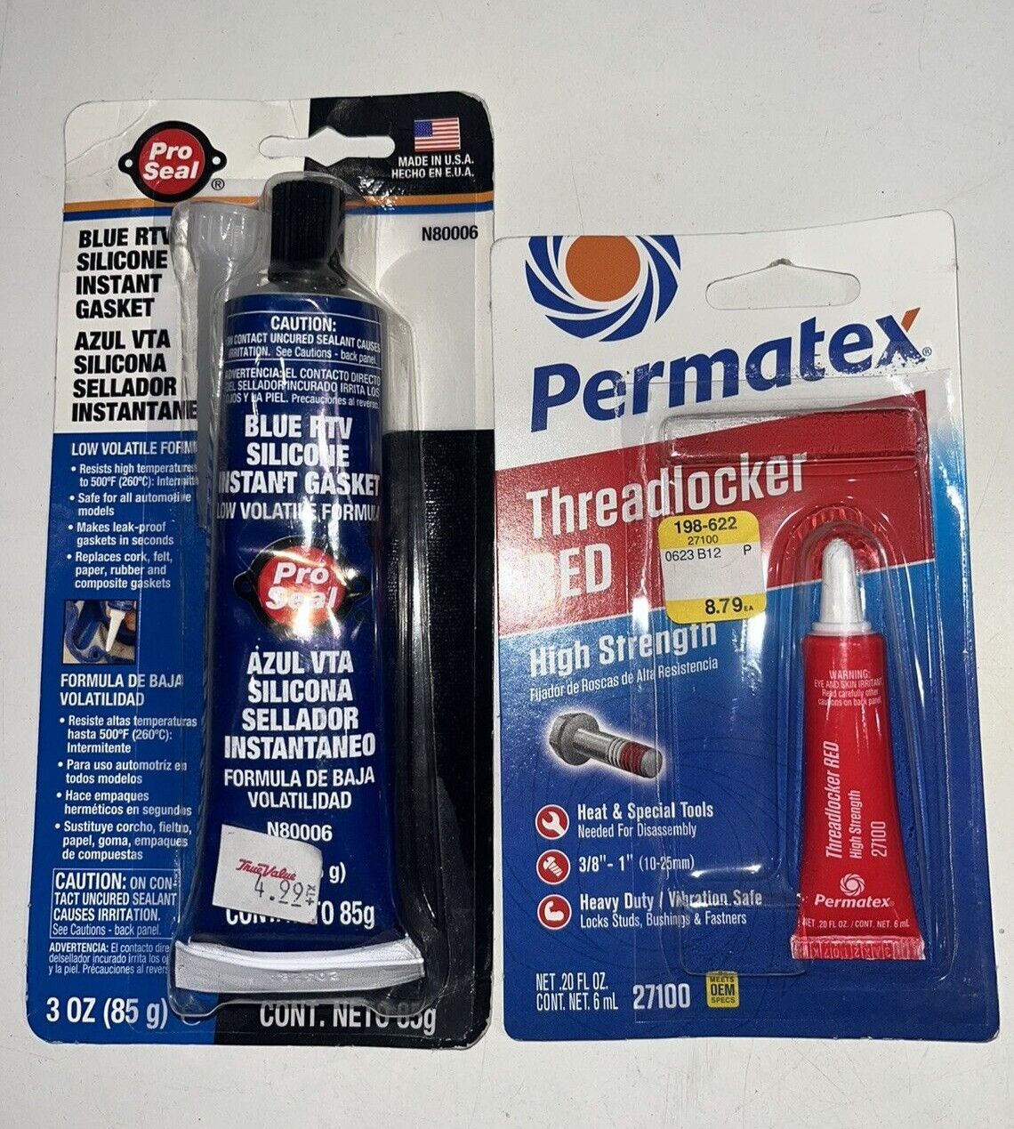 Permatex Threadlocker Red Sealer + Pro Seal Silicone Instant Gasket Set of 2