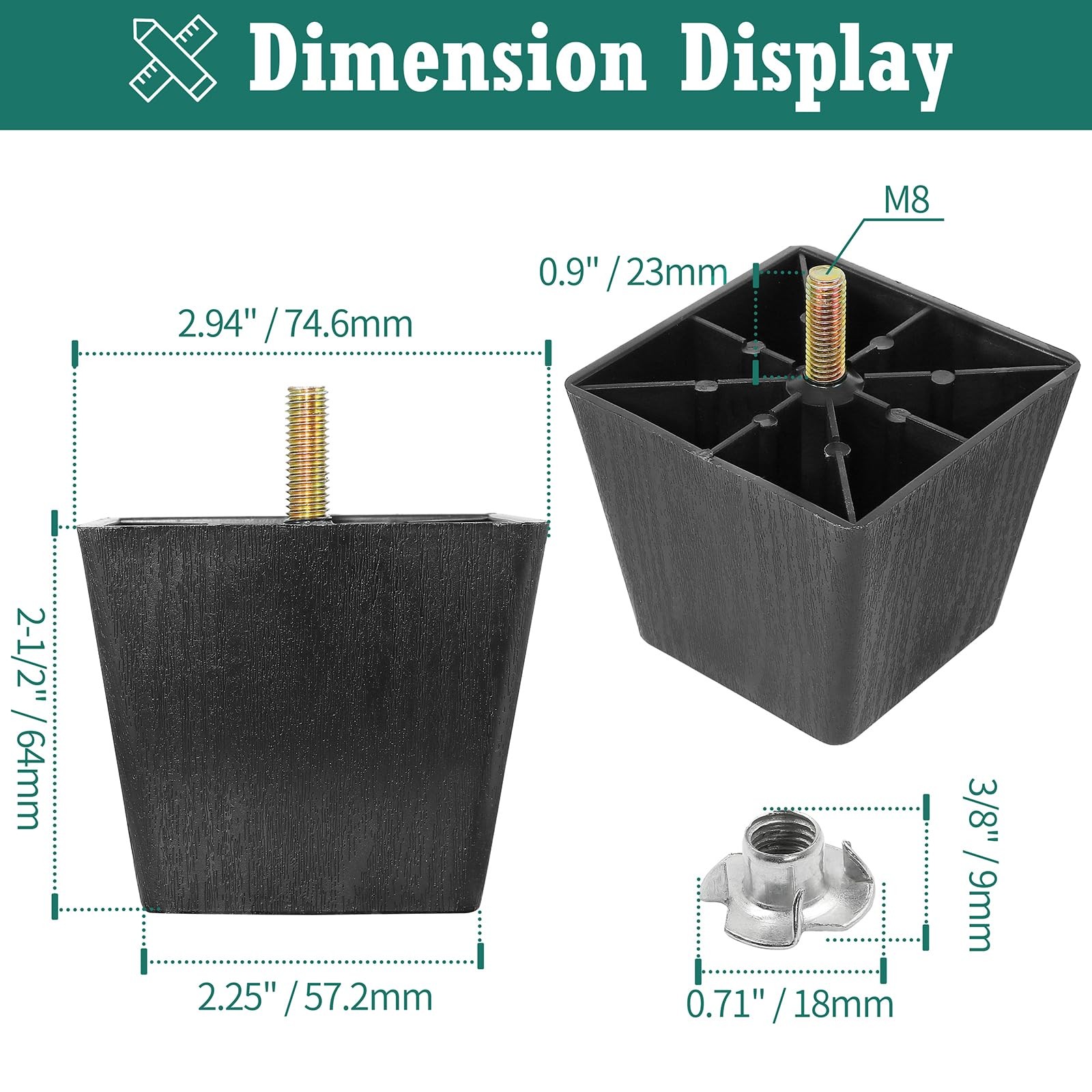 M8-1.25 Metric Thread Bolts Plastic Furniture Legs 2.5 Inch Black Square Sofa...