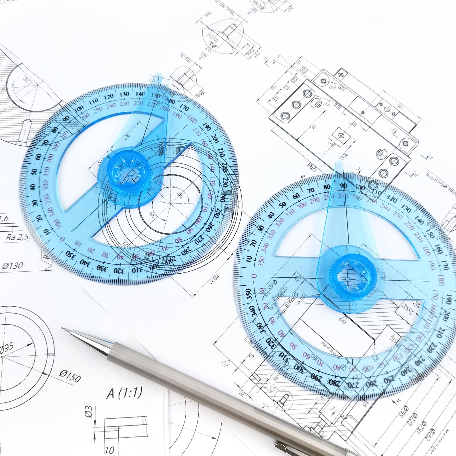 2 PCS 360 Degree Swing Arm Protractor, Plastic, Circle Ruler, Angle Finder