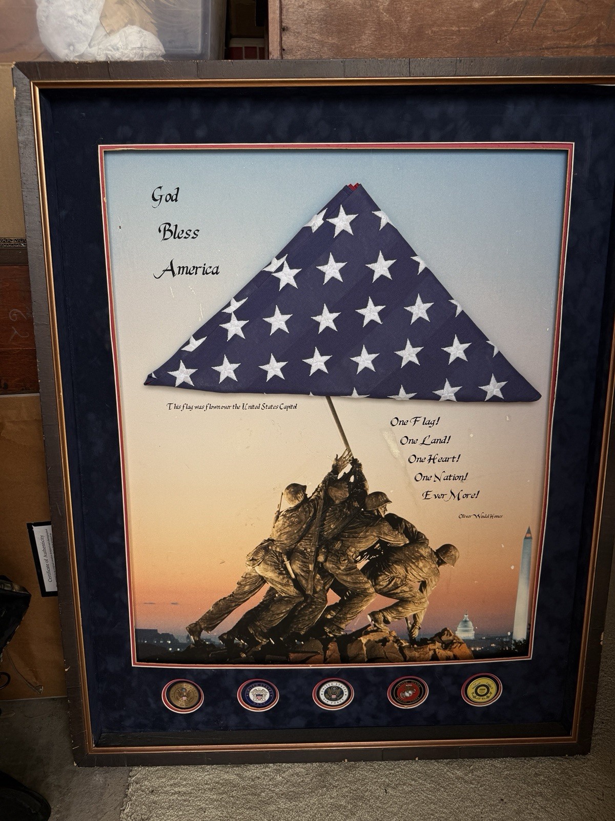 US FLAG Military DISPLAY CASE SHADOW BOX W/Iwo Jima Raising Of The Flag