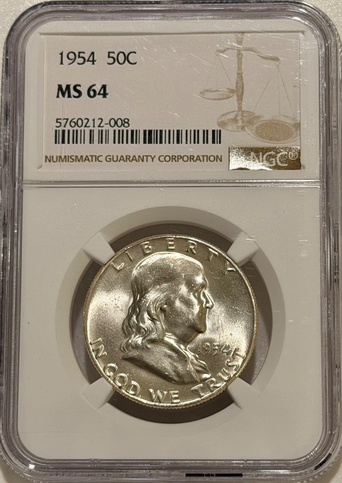 1954 P Franklin Silver Half Dollar NGC MS64