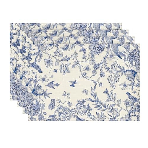 Hydrangea Flowers Branches Chinoiserie Spring 12" x 18", Rectangle 4 Pcs Blue