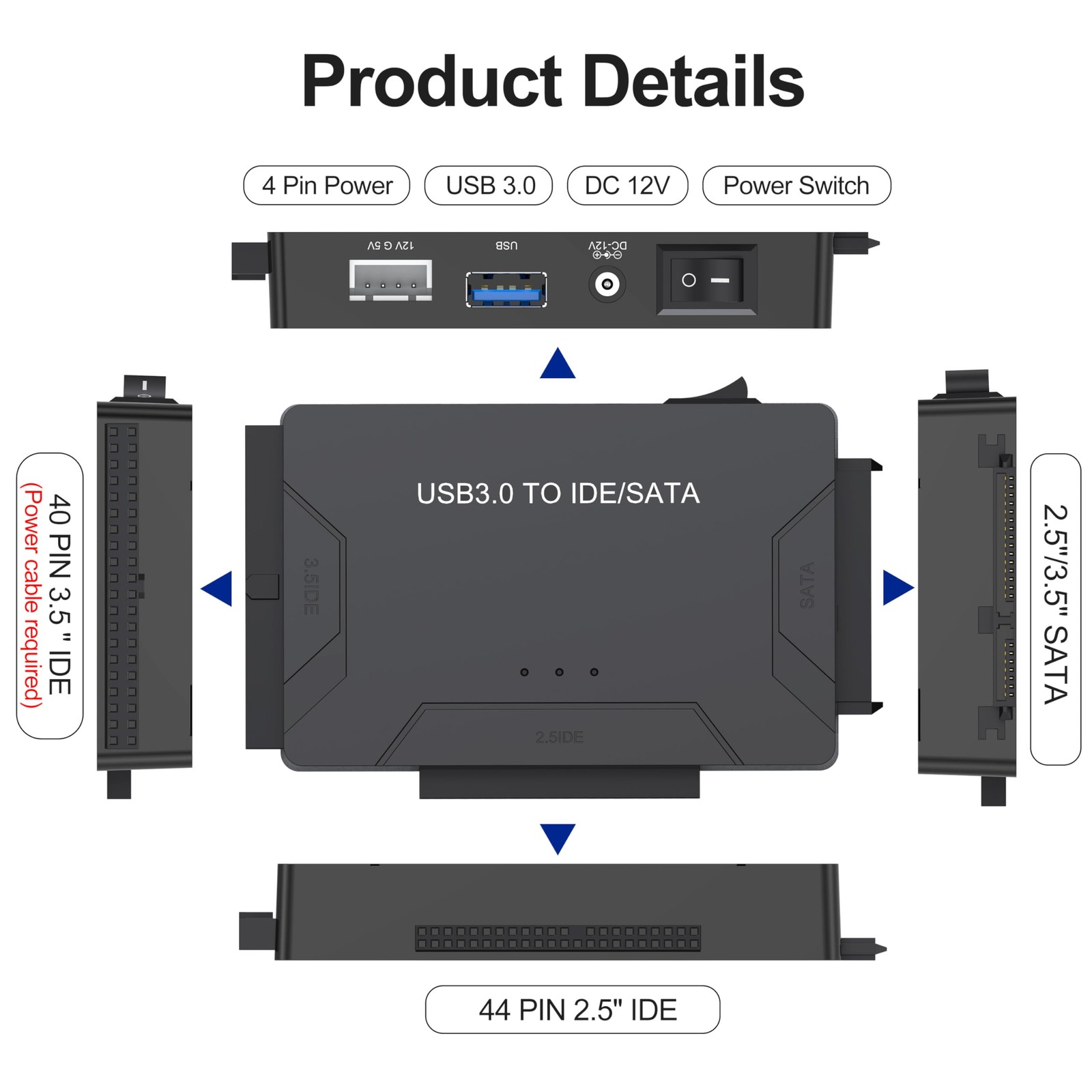 Hard Drive Reader USB 3.0 & Type C to SATA IDE Adapter, Internal Data Black