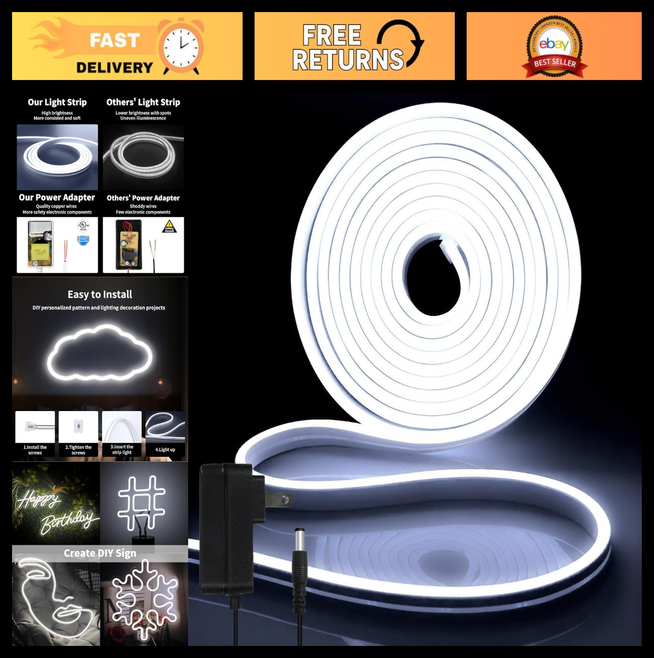 12V Waterproof LED Strip Lights 16.4FT, Flexible Neon Rope Lights for DIY, Indoo