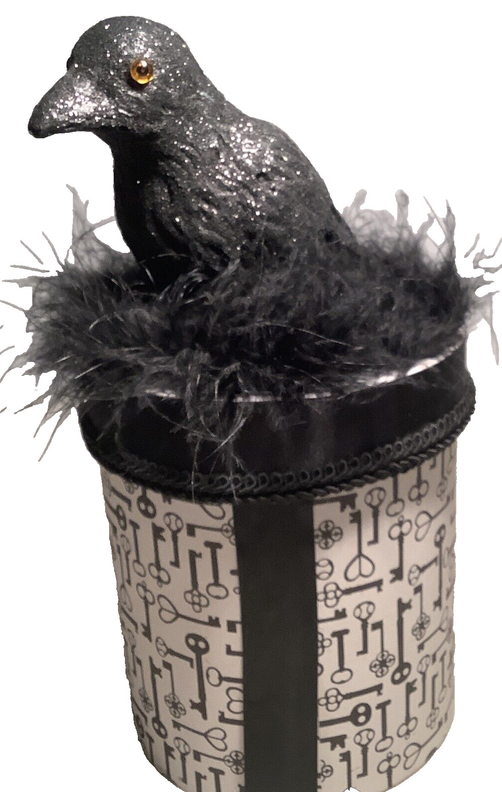 Halloween-Black Raven Crow Nested on Top Cardboard Cylinder with Skeleton Keys!!