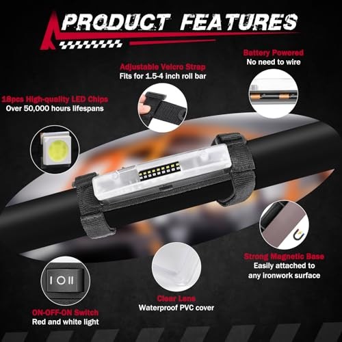 UTV Dome Light, FASTCHOY AUTO Roll Bar Light Interior Dome Lights Red and White