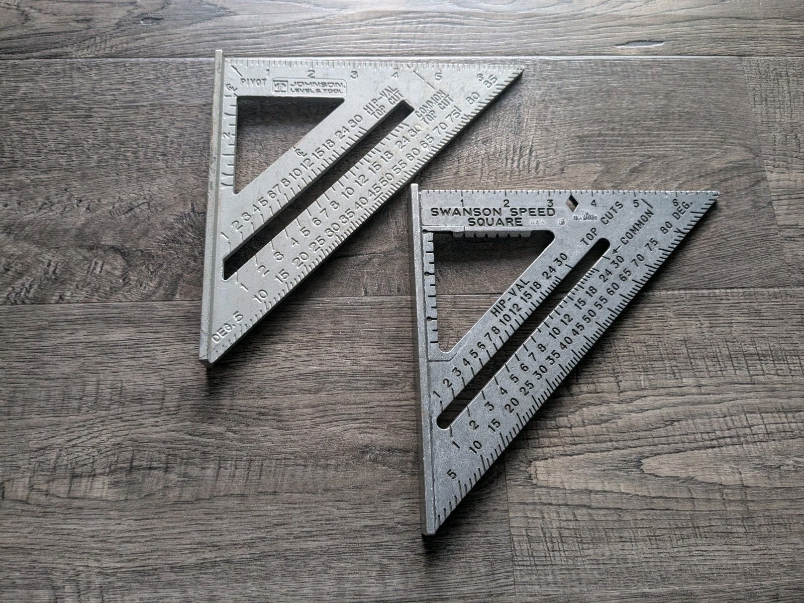 Lot of 2 US Made 7" Rafter Squares: SWANSON Speed Square & JOHNSON NO. RAS 1