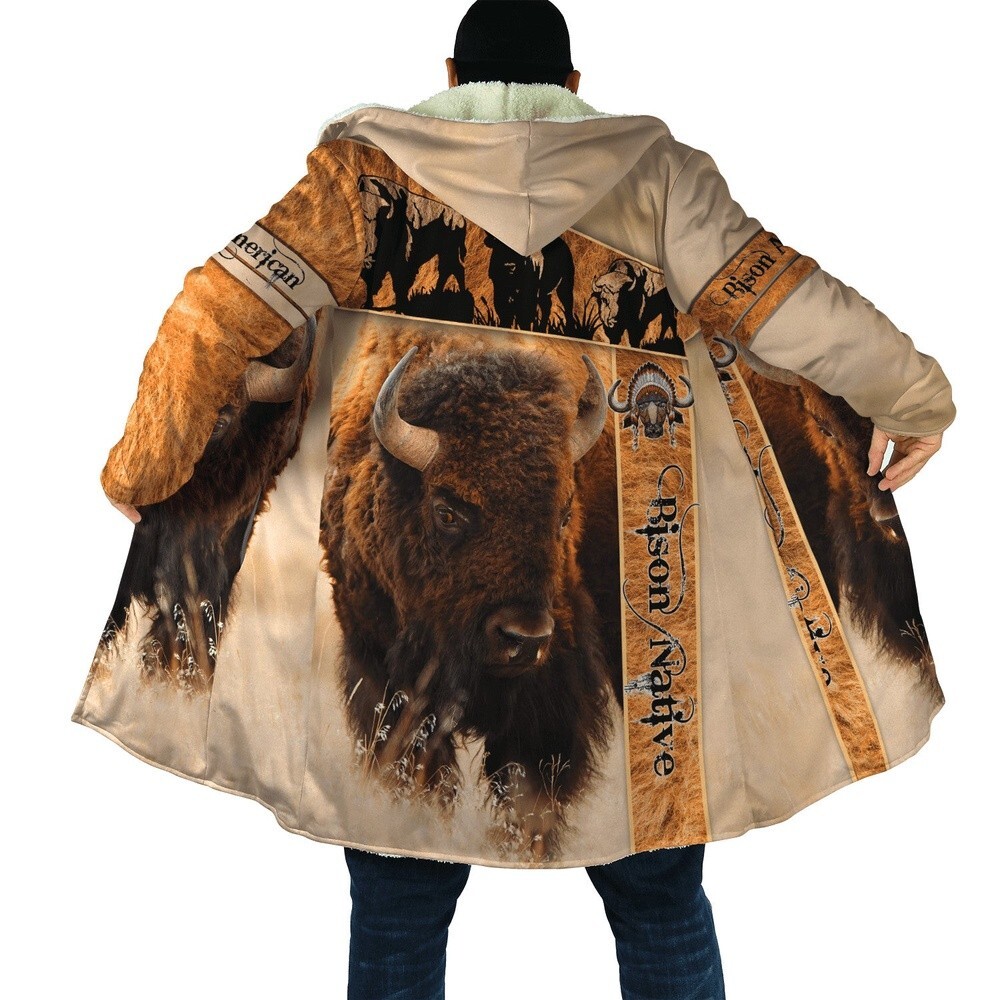 Native American Coat, Bison Native American 3D All Over Printed Hooded Cloak Coa