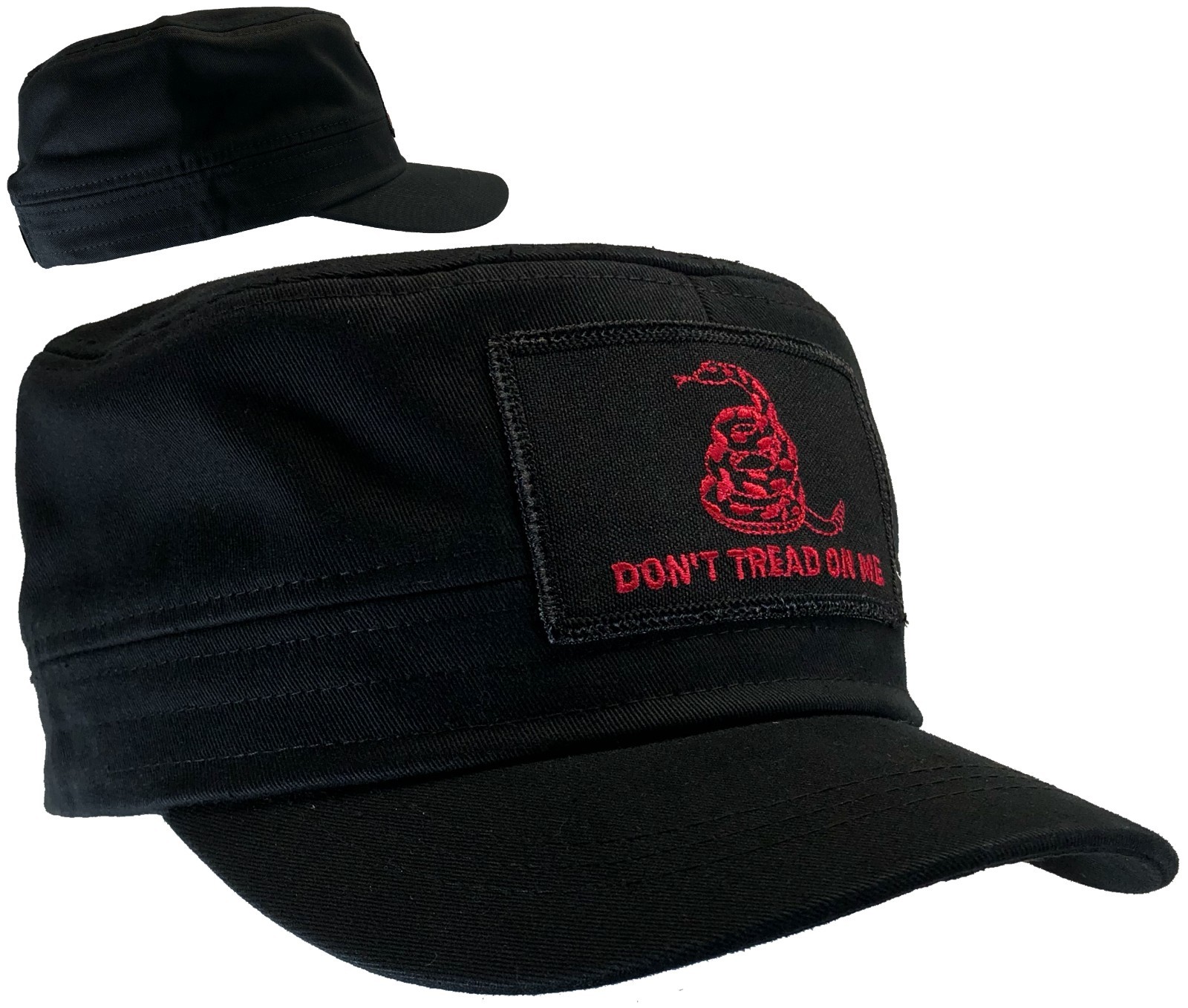 Don't Tread On Me Hat 100% Cotton Black with Red Text Gadsden Fatigue Cap