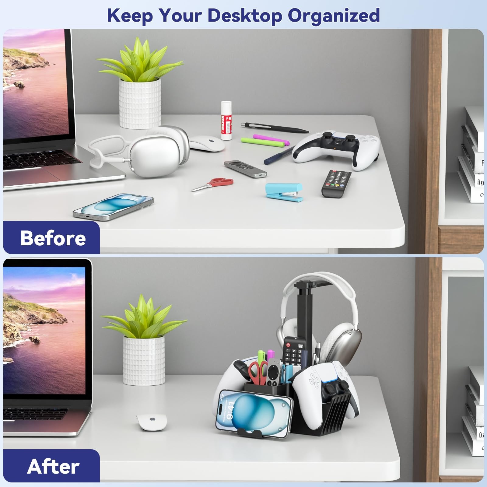 Dual Controller Holder with Headphone Stand - Multi-Functional Desk Storage B...