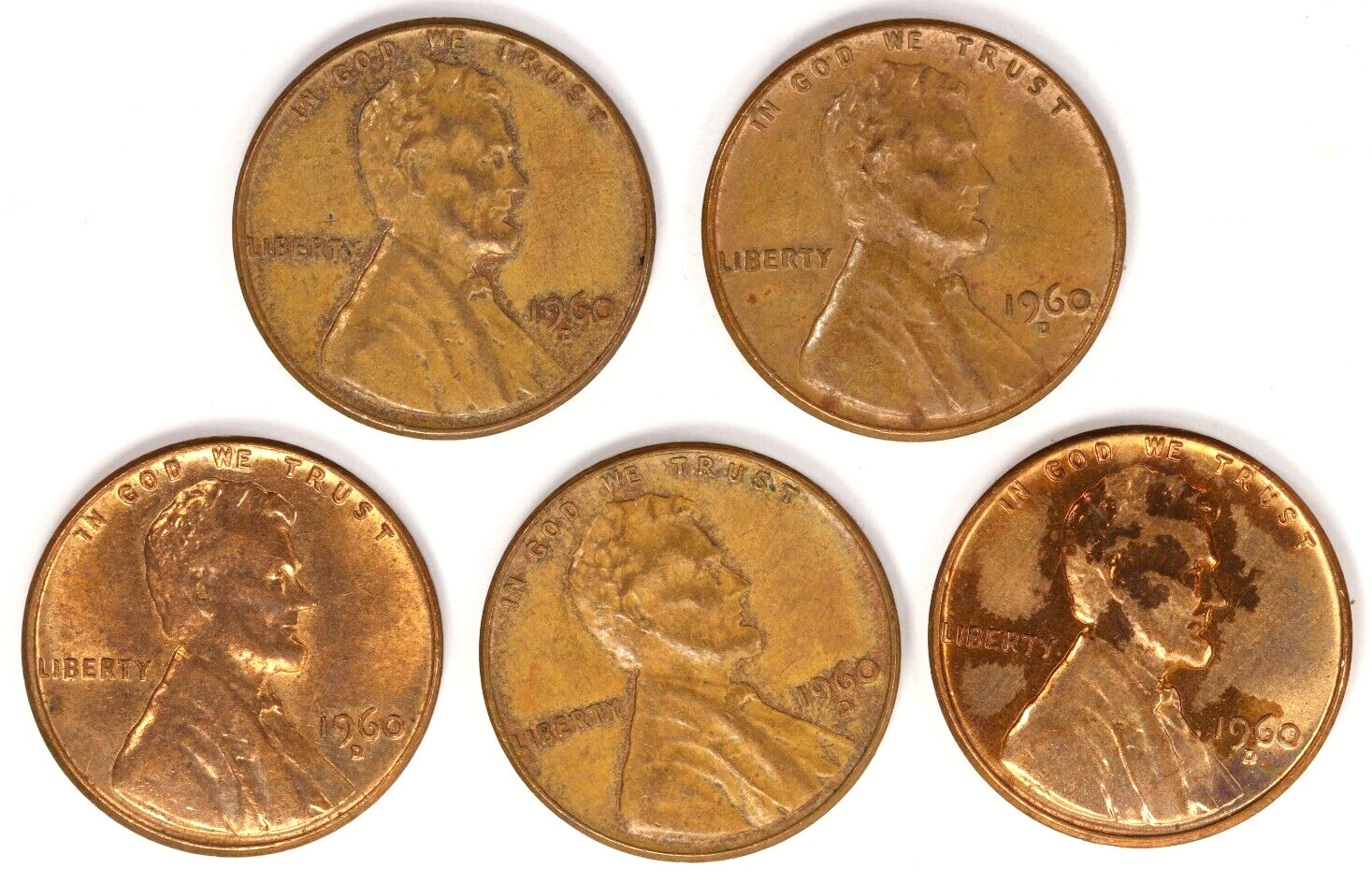 1960-D Lincoln Memorial Cents Extra Metal D Mint Mark Error 1c Lot of 5 Denver
