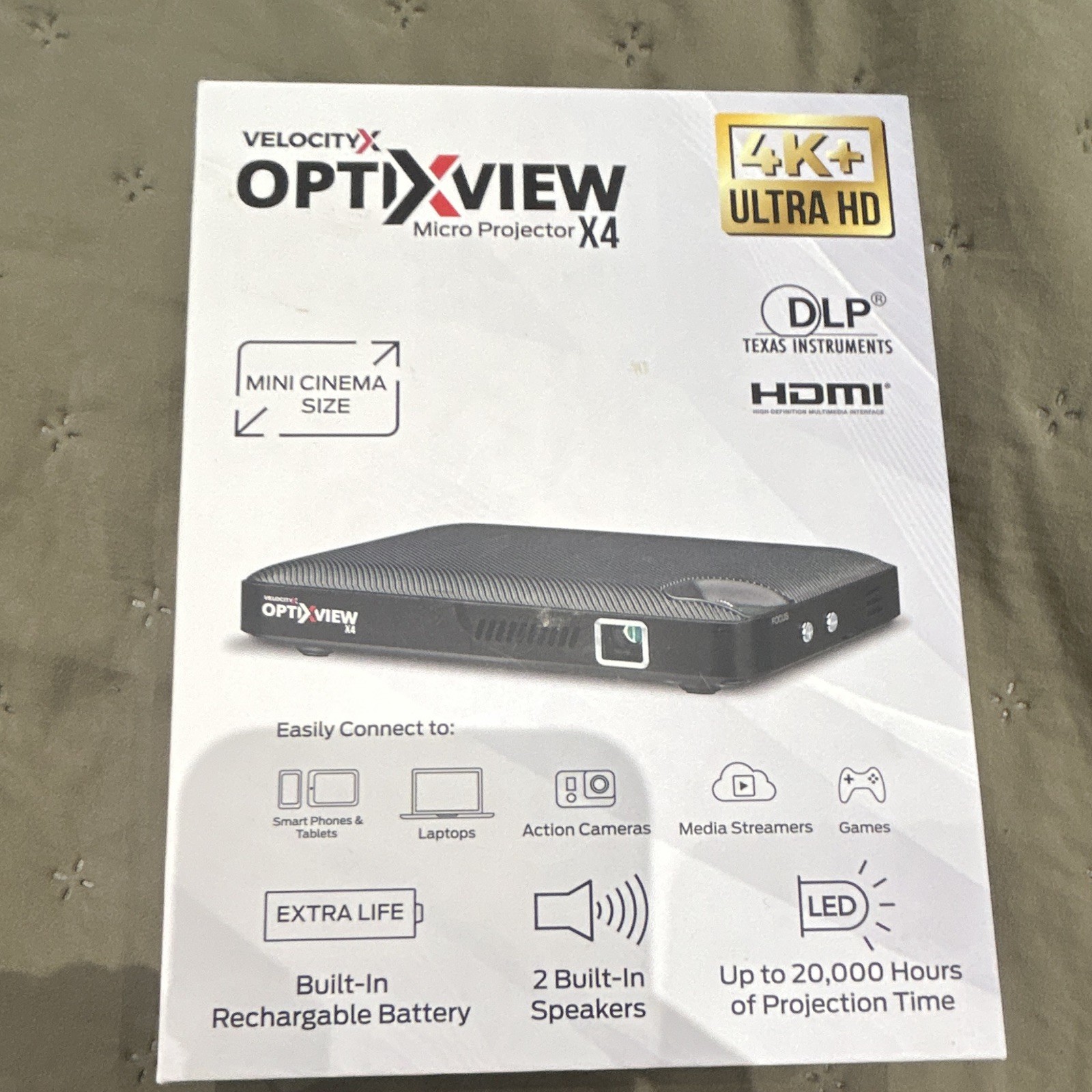 OptiView Velocity Micro Projector X4 DLP 4K Ultra HD HDMI Black Battery