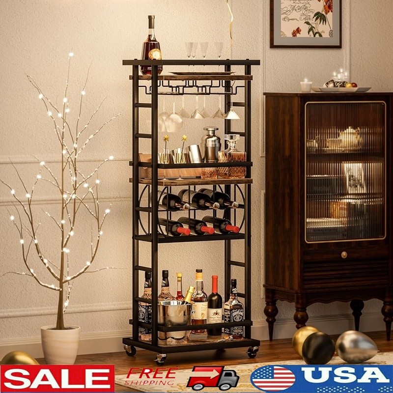 4-Tier Rolling Bar Cart Serving Cart W/ Swivel Wheels Wine Liquor Storage New
