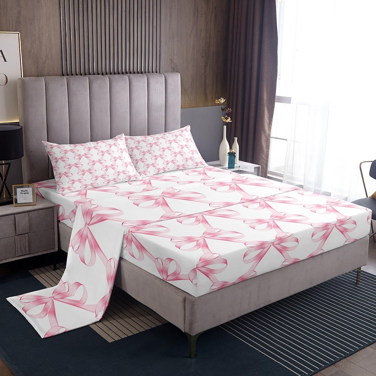 Pink Bow Bed Sheets Set Full Size Dreamy Princess Style Sheet Set Girly Kawai...