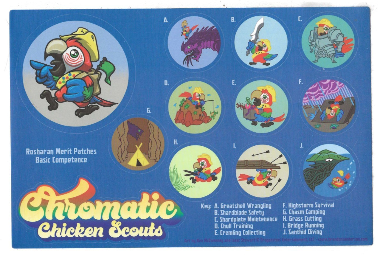 Sanderson STORMLIGHT ARCHIVE Chromatic Chicken Scouts Merit Patches Stickers