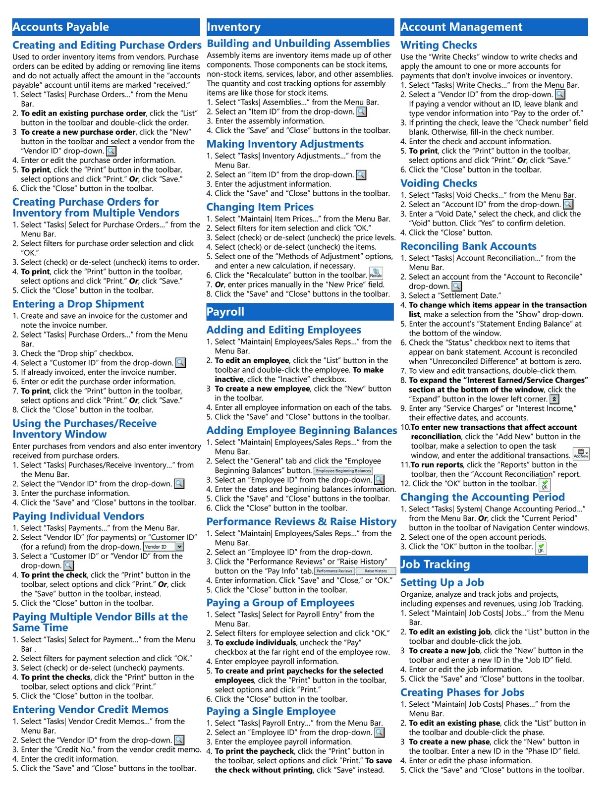 Sage 50 Training Guide Quick Reference Card 4 Page Cheat Sheet Instructions