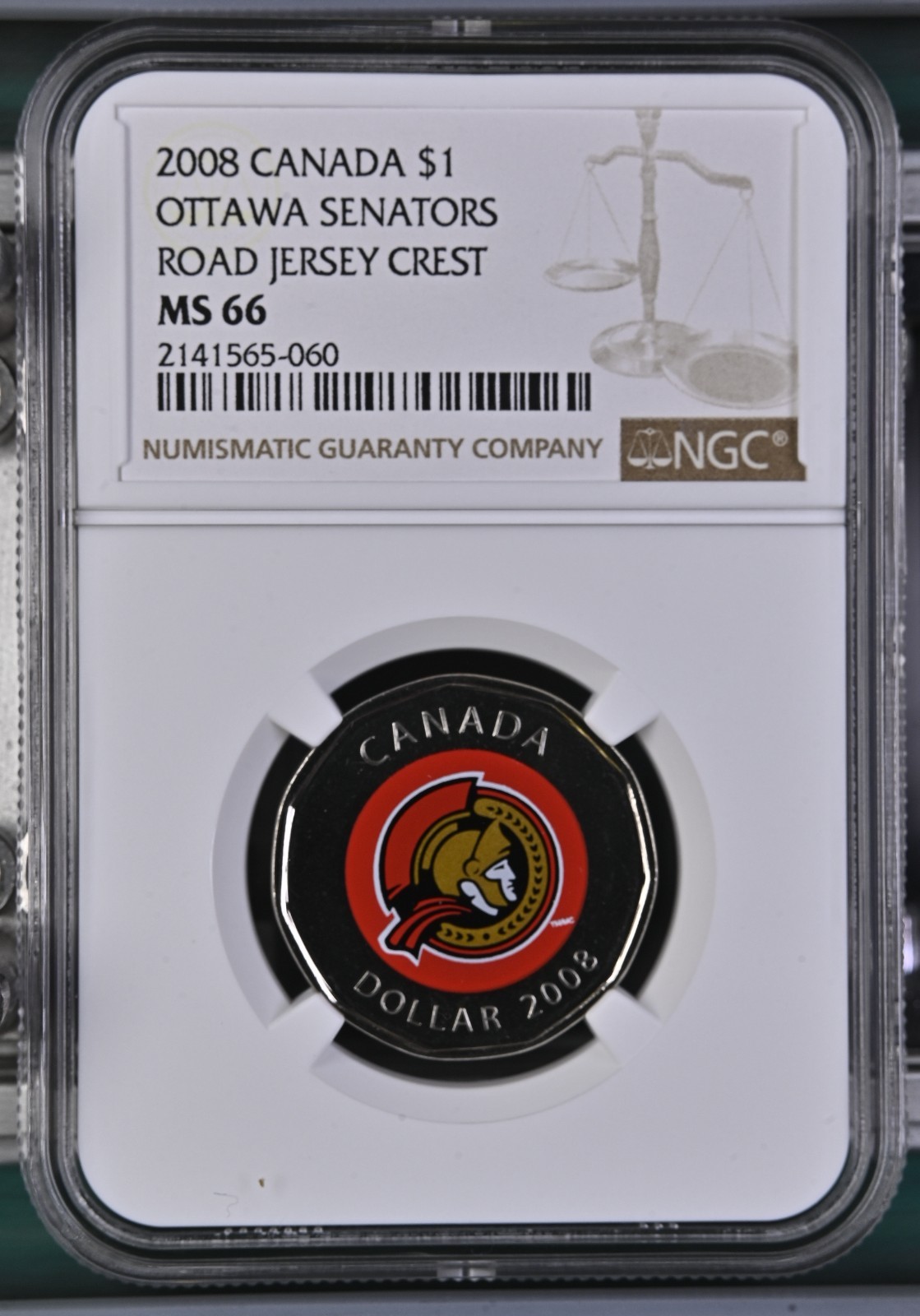 2008 CANADA $1 DOLLAR NGC MS 66 OTTAWA SENATORS ROAD JERSEY CREST