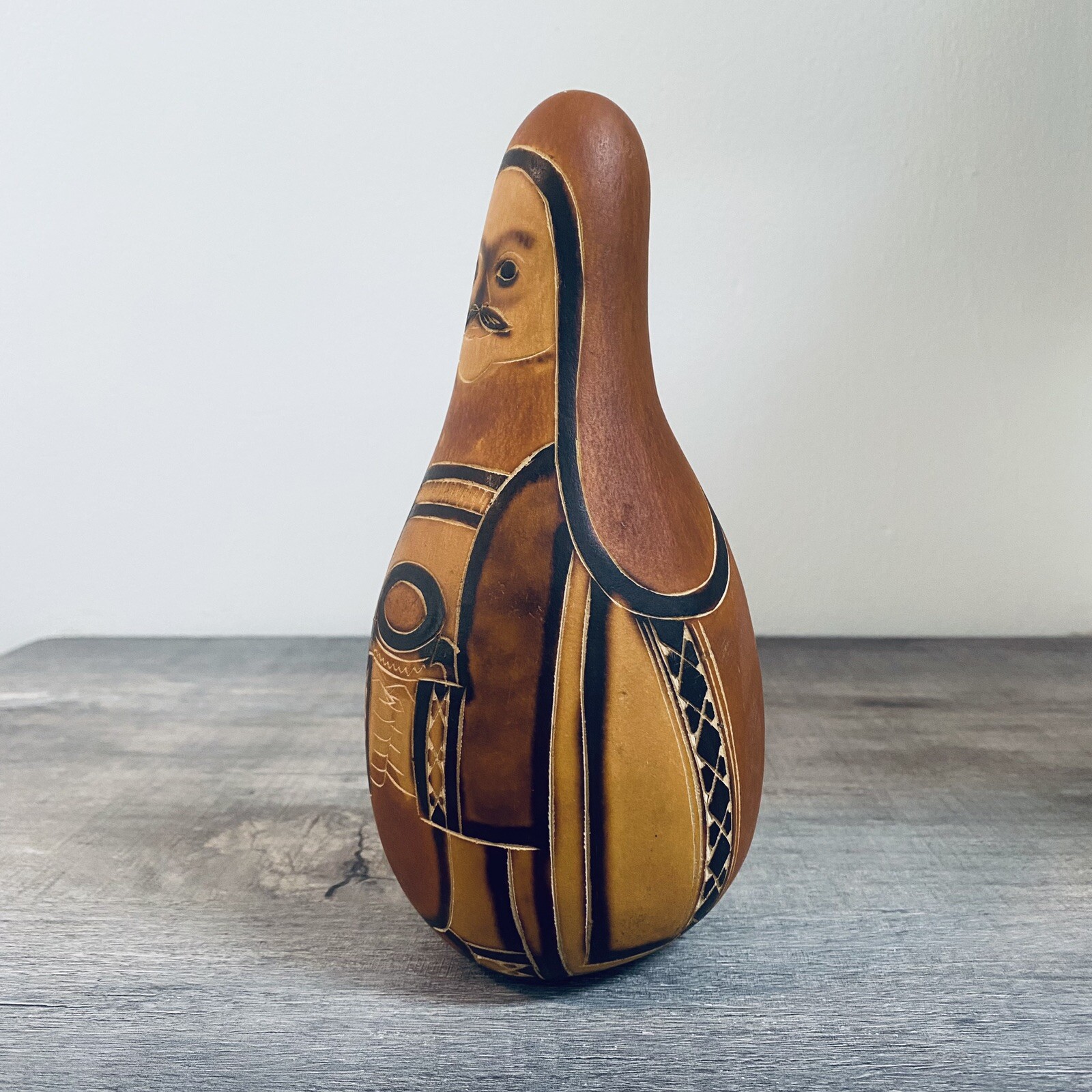 Hand Carved Peruvian Man Gourd Artisan Made in Peru Brown
