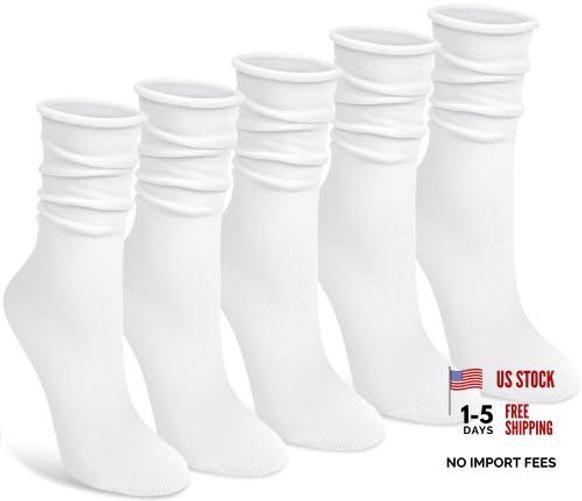 5 Pairs Slouchy Socks for Women, Soft Cotton Crew Socks | Classic White Pack