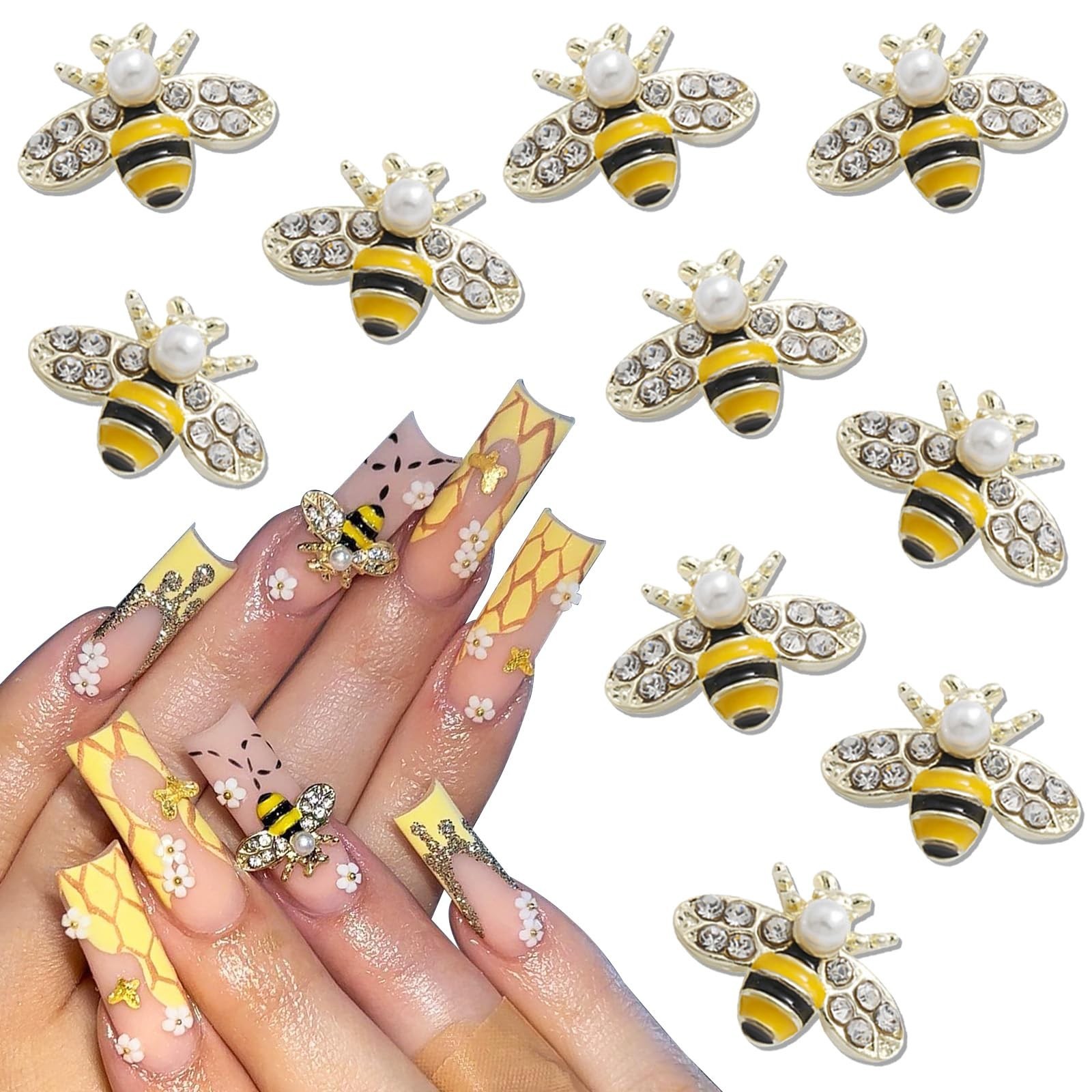 RODAKY 10Pcs Gold Bee Nail Art Charms 3D Gold Alloy Bees Jewelry Charm for Na...