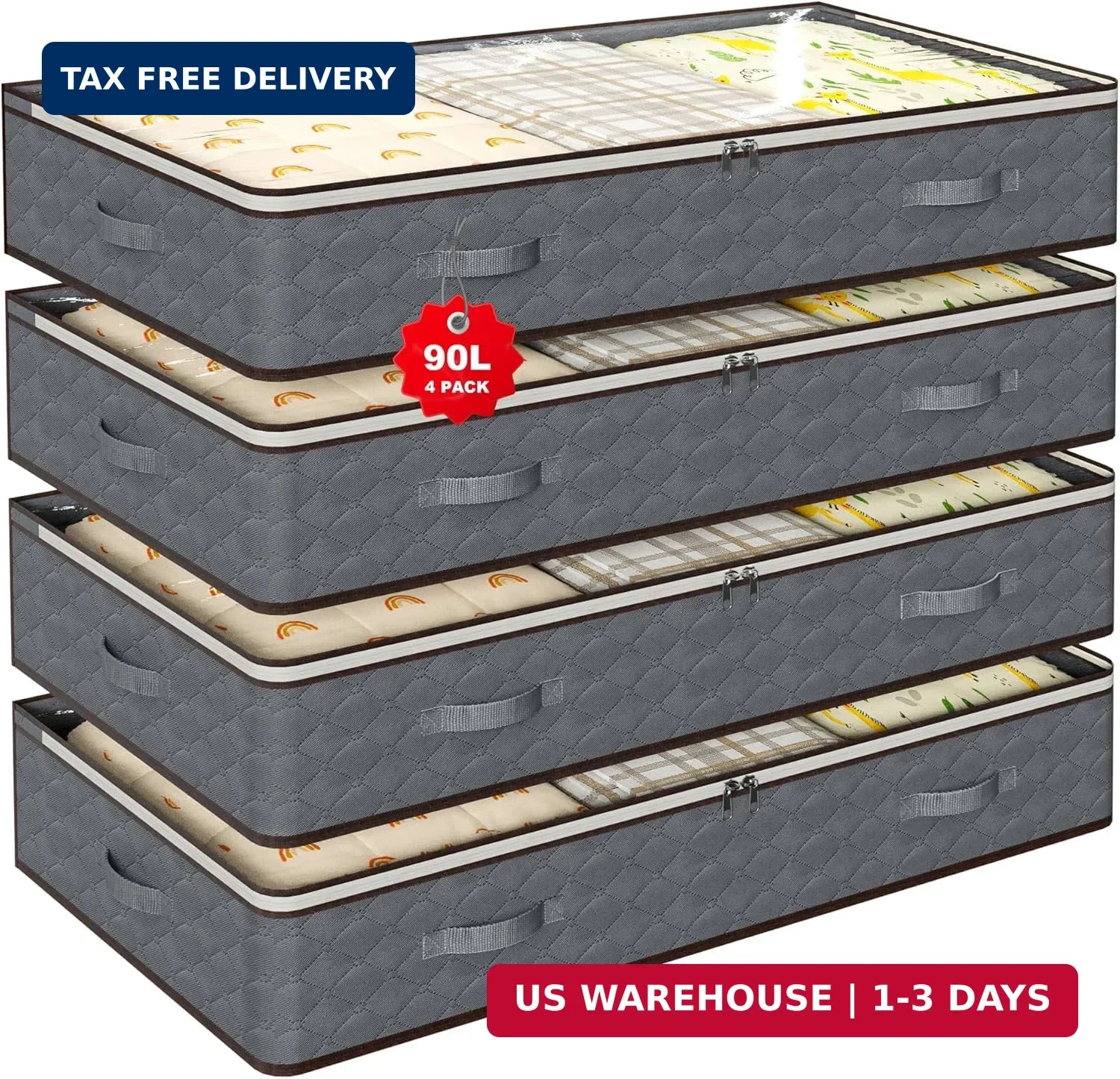 90L Under Bed Storage Containers,4-Pack Closet Organizer Storage Bins ,Grey | fo