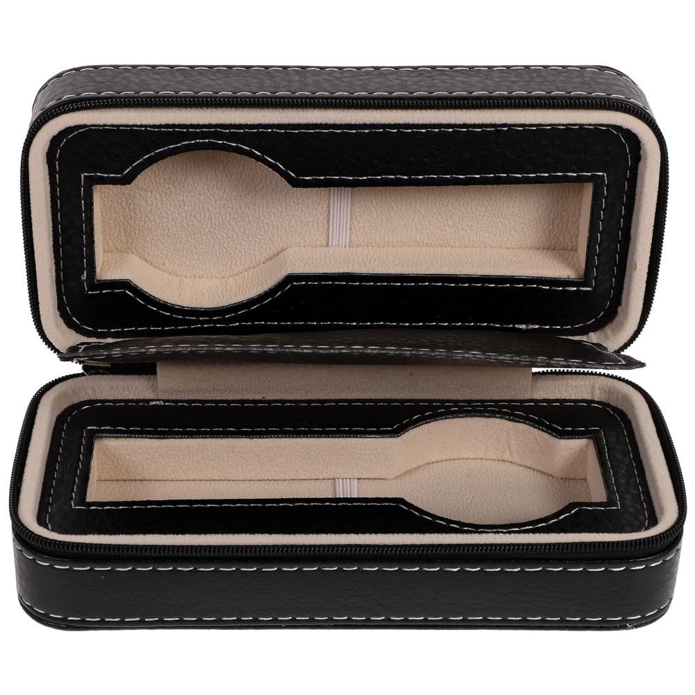Black Zippered Watch Travel Case Holds 2 Watches Interior Storage Organizer