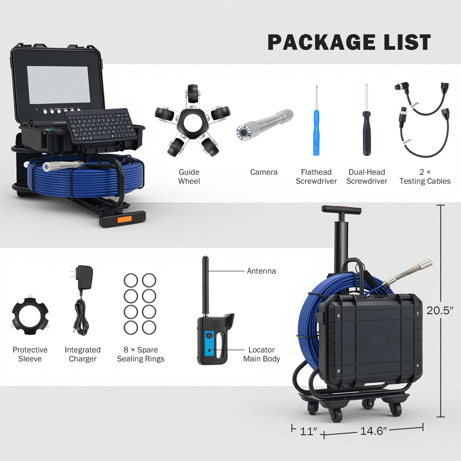 10 in. Self-Leveling Sewer Camera w 165 ft/50 m Cable Wheels Handle Locator IP68