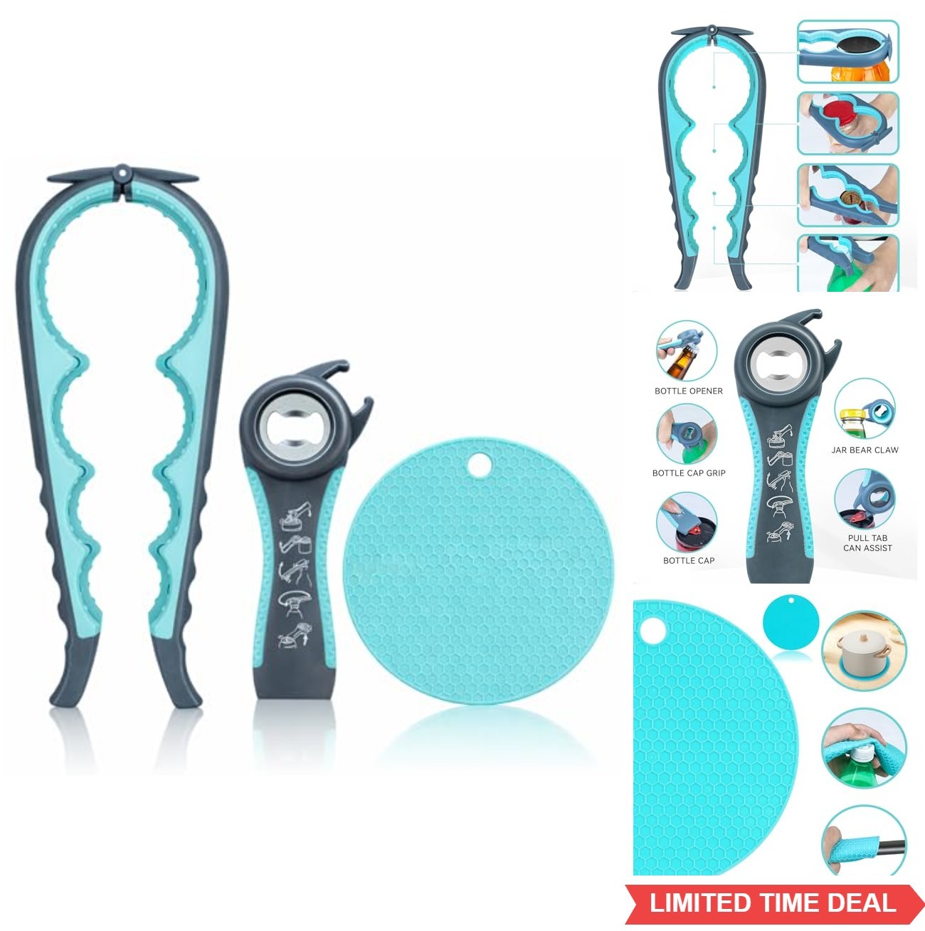 Jar Opener 3 Piece Set for Seniors Arthritis Weak Hands Ergonomic Non Slip