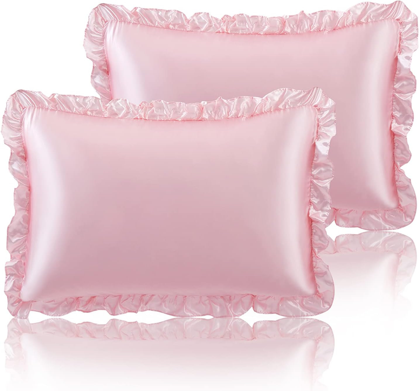 Ruffled Standard Satin Pillowcase Set of 2, Blush Pink Silky Satin Pillow Cases