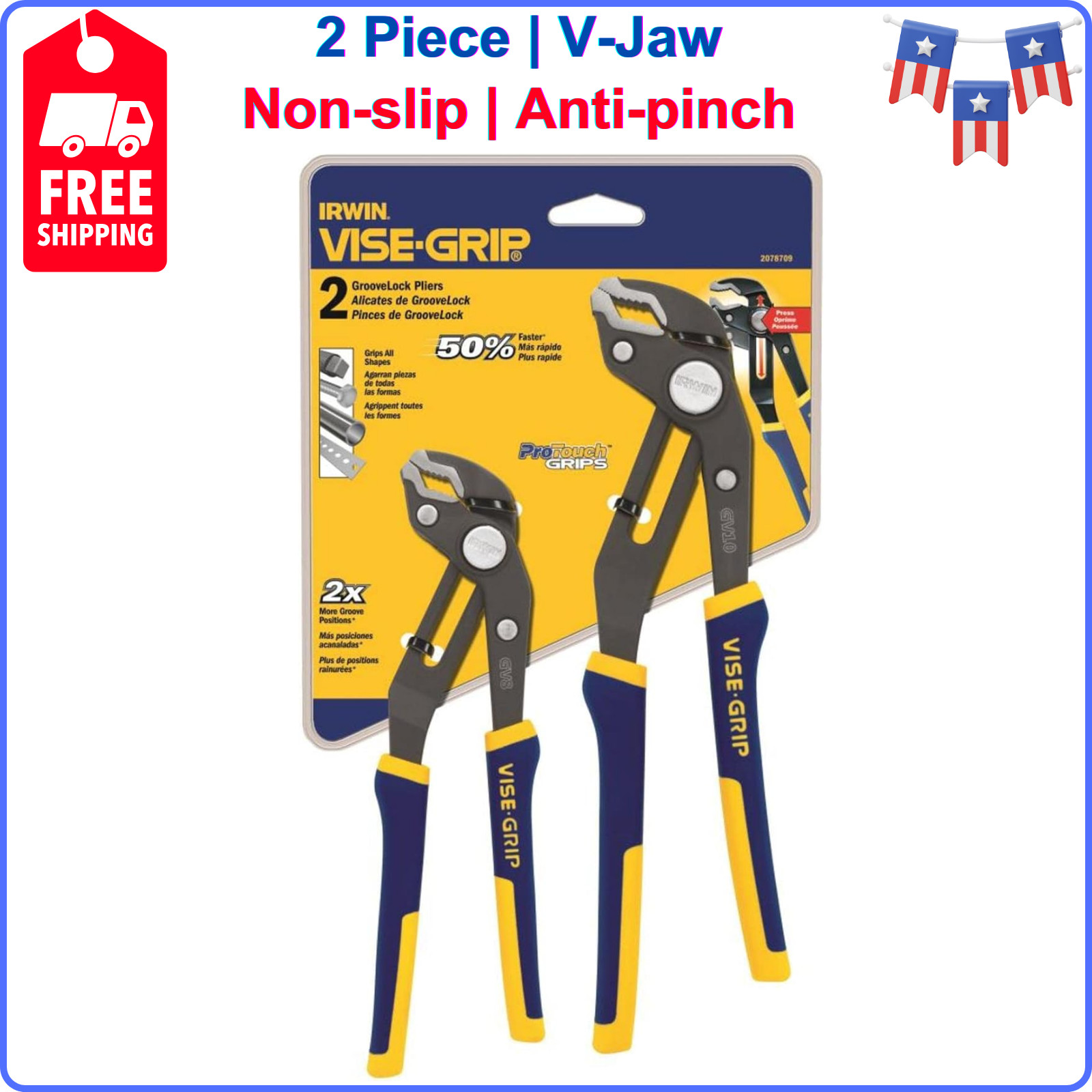 IRWIN Tools Vise-Grip GrooveLock Pliers Set, V-Jaw, 2 Piece, 2078709, Ergonomic