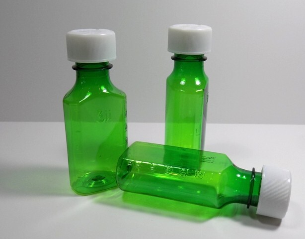Case of 200 Green Medicine Plastic Graduated Oval Bottles/Caps 3 OZ Size