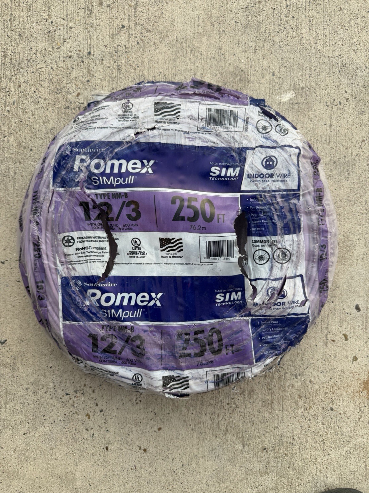 Southwire Romex 12 AWG Solid Copper Wire Purple 250 ft 600V Abrasion Resistant